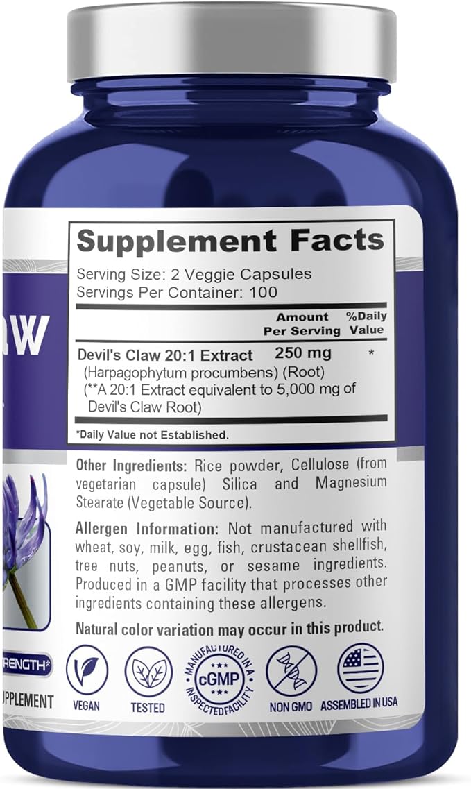 NusaPure Devil's Claw 20:1 Extract, 250 mg Equivalent to 5000mg, 200 Veggie Capsules, Concentrated Root Extract, Devils Claw Herbal Supplement, Non-GMO, Vegan Supplement