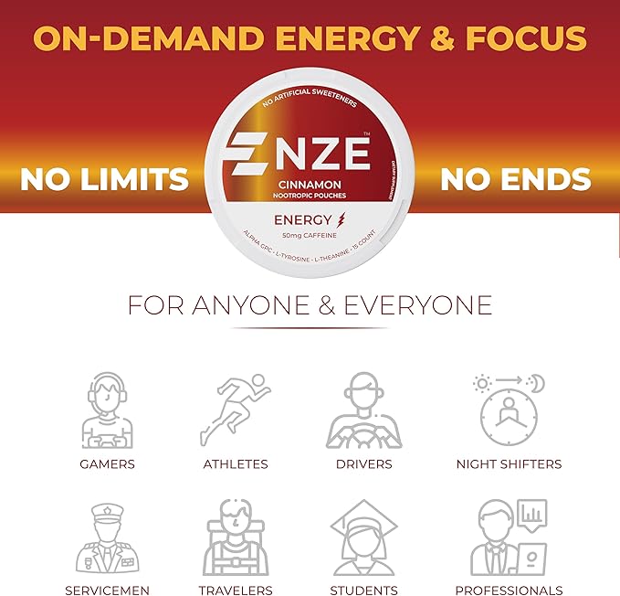NZE Caffeine Nootropic Pouches (Cinnamon) - Energy Pouches with 50mg Caffeine, Alpha GPC, L-Tyrosine & L-Theanine with No Sugar or Artificial Sweeteners - 15 Nicotine Free Pouches Per Can - 5 Pack