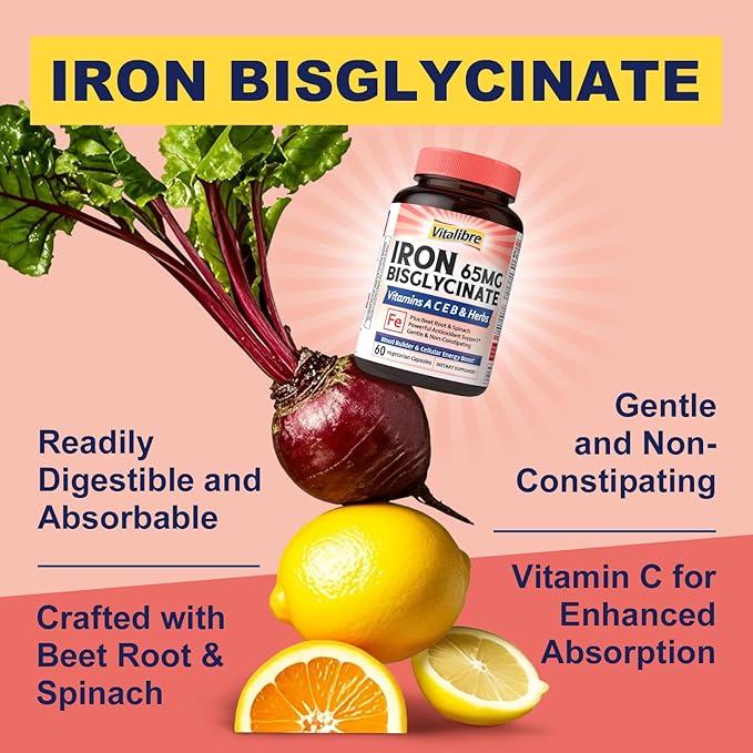 Iron Supplement for Women and Men, Iron Bisglycinate, 65mg Elemental Iron, Non-Constipating, Plus Blood Builder Vitamins C B6 B12 Folate & Beet Root, Energy Support, Blood Health, 60 Caps