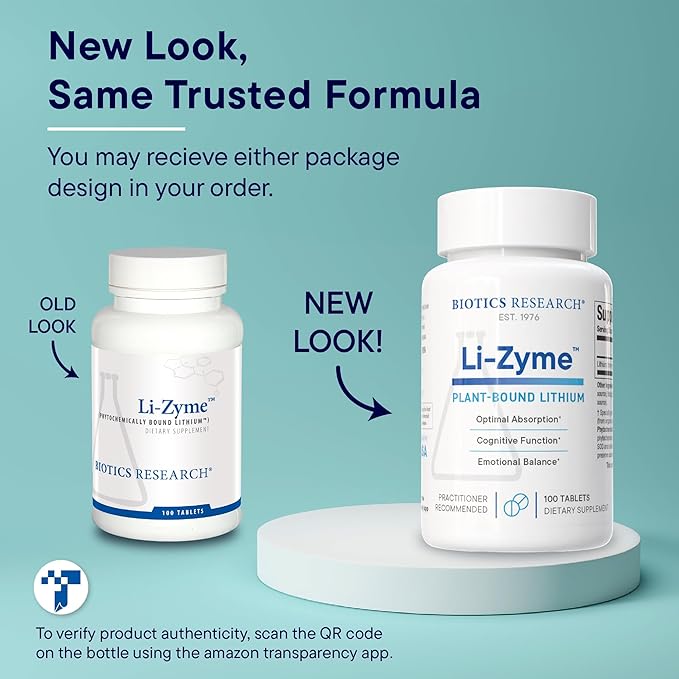 Biotics Research Li Zyme 50 micrograms, Lithium as a Whole Food, phytochemically Bound Lithium, Highly bioavailable, Supports Brain Function, Memory and Mood Support, 100 Tablets