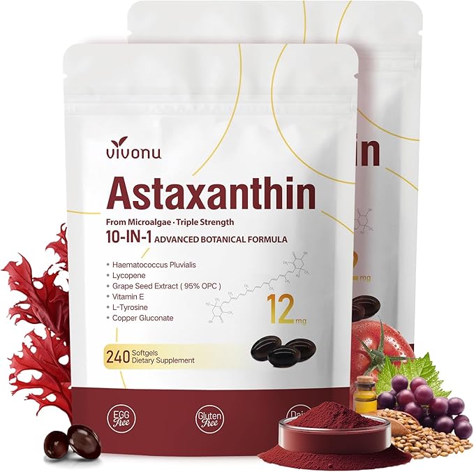Astaxanthin 12mg, 480 Softgels, Fresh Haematococcus Pluvialis 10 in 1 Astaxanthin Antioxidant Supplements, Contains Lycopene, Grape Seed, Vitamin E, Supports Eye Joints Skin Health, 2Bag