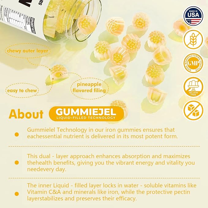 2 Packs 100MG Iron Supplement Gummies for Women & Men - with Vitamin A, C, B - Energy Support for Iron Deficiency, Anemia, Adults & Children, Pineapple Flavor Gummy, 120ct