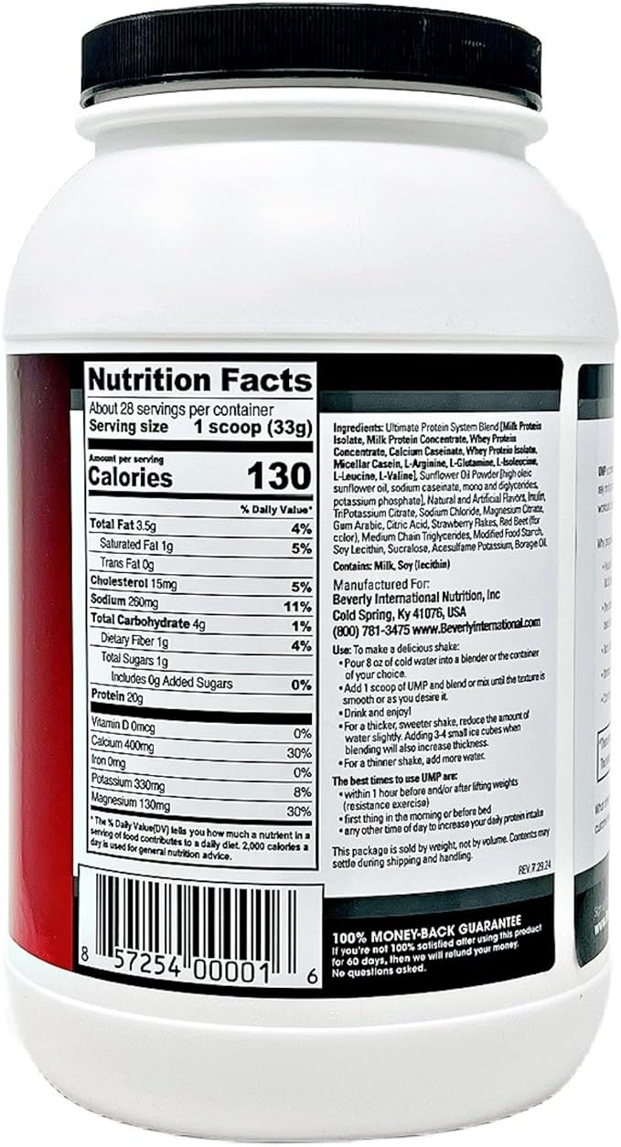 Beverly International UMP Protein Powder, Strawberry. Unique Whey-Casein Ratio Builds Lean Muscle. Easy to Digest. No Bloat. (32.8 oz) 2lb .8 oz