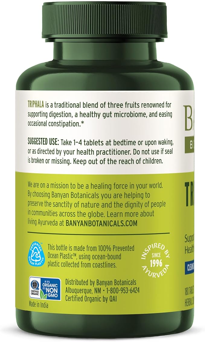 Banyan Botanicals Triphala Tablets - Organic Triphala with Amla, Haritaki & Bibhitaki – for Digestion, Elimination & Healthy Gut Microbiome* – 180 Tablets – Non-GMO Sustainably Sourced Vegan