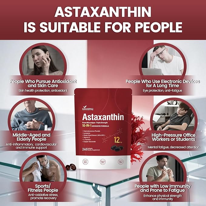 Astaxanthin 12mg, 960 Softgels, Fresh Haematococcus Pluvialis 10 in 1 Astaxanthin Antioxidant Supplements, Contains Lycopene, Grape Seed, Vitamin E, & More Supports Eye, Joints, Skin Health, 4 Bag