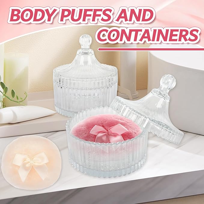 6 Pcs Large Body Powder Puff and Containers, Washable Dusting Powder Container with Puffs Reusable Powder Puff with Case for Women Powder Container Wet and Dry Makeup, 2 container + 6 Puffs