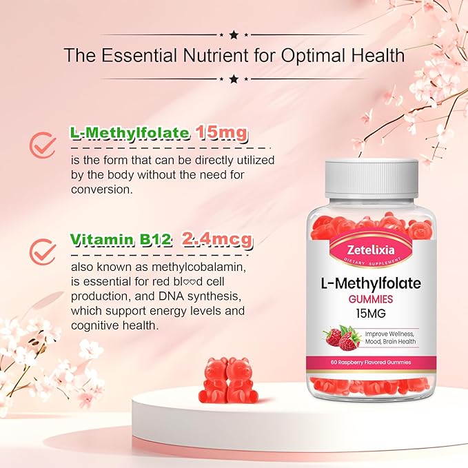 2 Pack L-Methylfolate 15mg & Methyl B12 Gummies, Folate Supplement for Brain Health, Mood & Immunity, DNA Synthesis & Repair, Sugar Free, Vegan, Raspberry Flavor, 120 Count