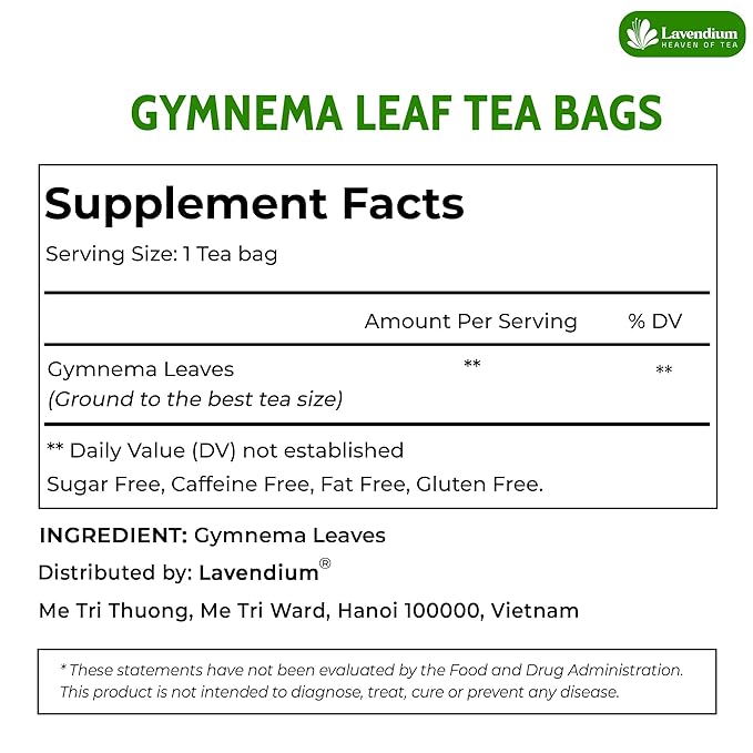 Lavendium, Premium 120 Gymnema Leaf Tea Bags, 100% Natural & Pure from Gymnema Leaves. Gymnema Tea Bags for Diabetics - COLD-DRIED for Maximum Freshness and Nutrient Retention. No Sugar, Vegan.
