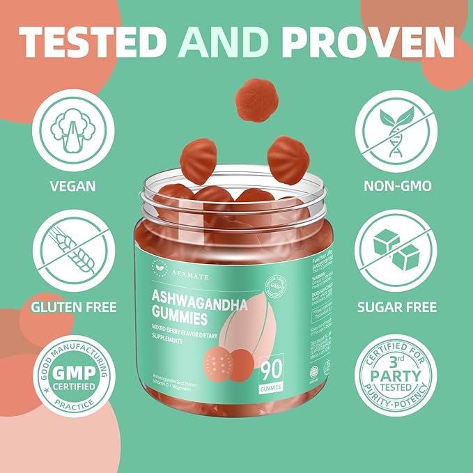 AFXMATE Ashwagandha Gummies for Women Sugar Free, Ashwagandha Supplement Gummy with Magnesium Vegan (90 Counts)