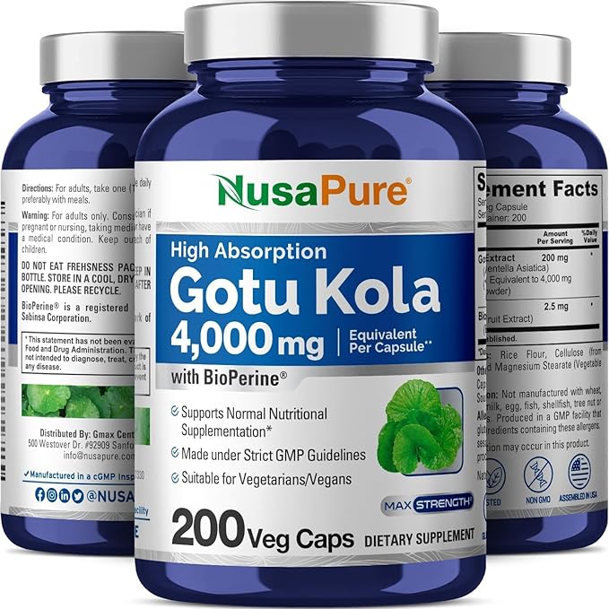 NusaPure Gotu Kola Capsules 20:1 Extract, 200 mg Equivalent to 4000mg Per Veggie Caps, 200 Count, Non-GMO, Vegan, Bioperine - Traditional Herb Extract