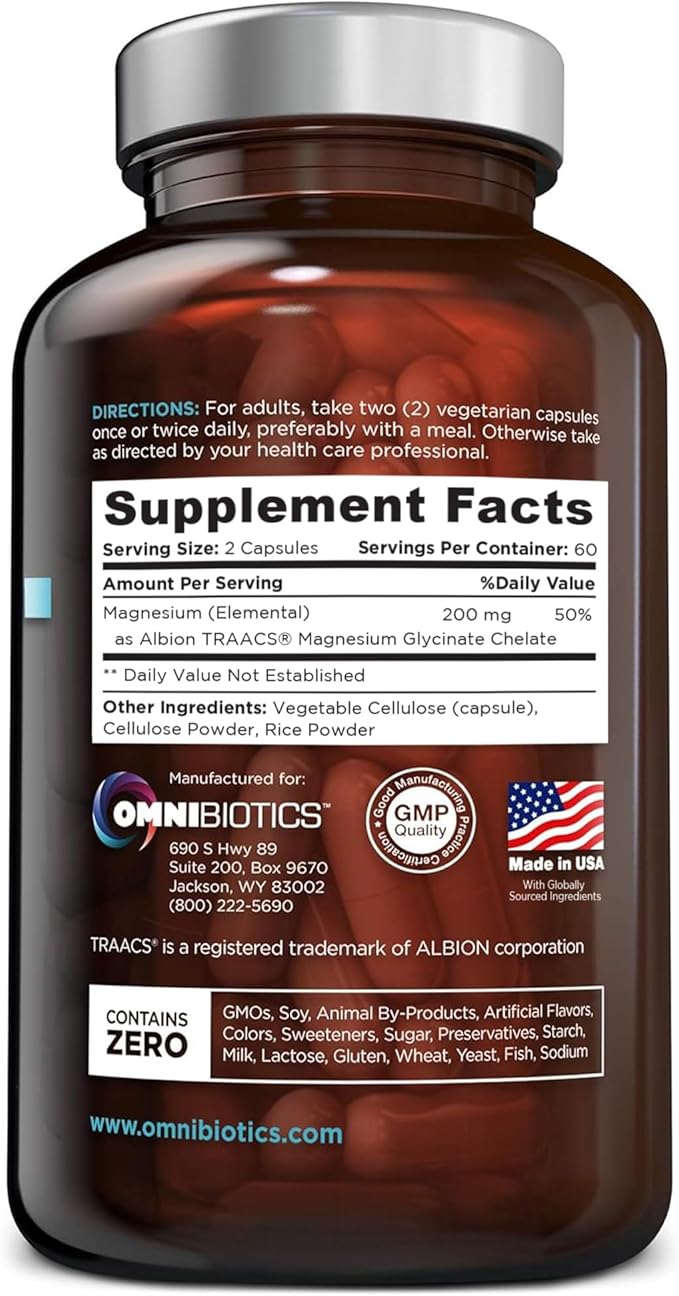 OmniBiotics Magnesium Glycinate Supplement β with 100% Pure Albion TRAACS Bisglycinate Chelate for Sleep, Muscle, Nerve & Heart Health β 120 Vegan Capsules