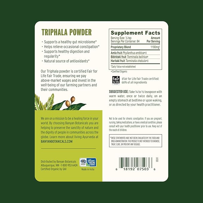 Banyan Botanicals Triphala Powder - Organic Digestion Supplement with Amla, Haritaki & Bibhitaki – Digestion, Colon Support & Healthy Gut Microbiome* – 3.5 oz – Non-GMO Sustainably Sourced Vegan