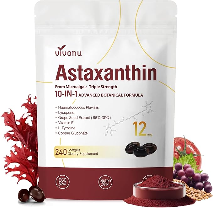 Astaxanthin 12mg, 240 Softgels, Fresh Haematococcus Pluvialis 10 in 1 Astaxanthin Antioxidant Supplements, Contains Lycopene, Grape Seed, Vitamin E, & More, Supports Eye Joints Skin Health, 1 Bag