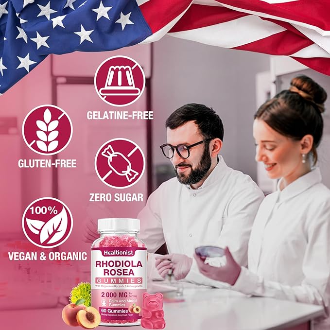 2 Packs Sugar-Free Rhodiola Rosea Gummies Adaptogenic Rhodiola Rosea Supplement & Cortisol Blocker for Performance, Stamina, Mood & Motivation - Non-GMO, 120 Vegan Chews