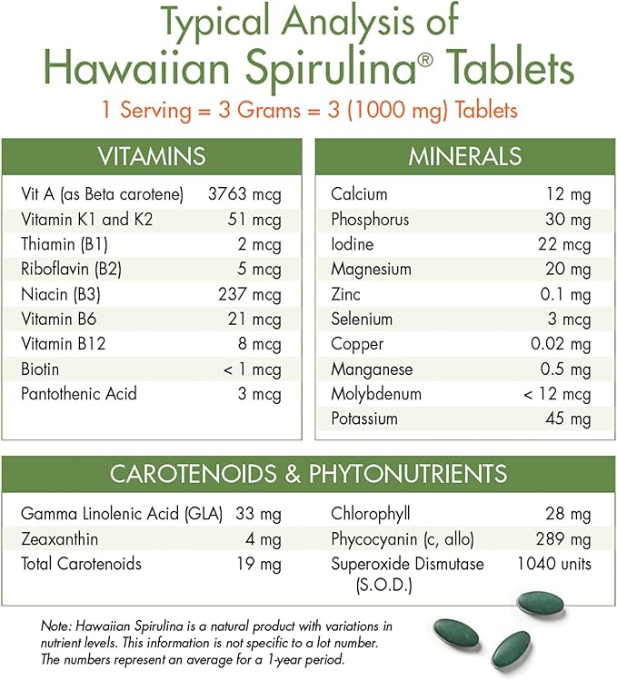 Nutrex Hawaii, Pure Hawaiian Spirulina - 1000 mg Tablets - Hawaiian Grown Natural, Nutrient Rich Superfood - Immune Support, Detox & Energy – Vegan Complete Protein, Non-GMO, Original, 180 Count