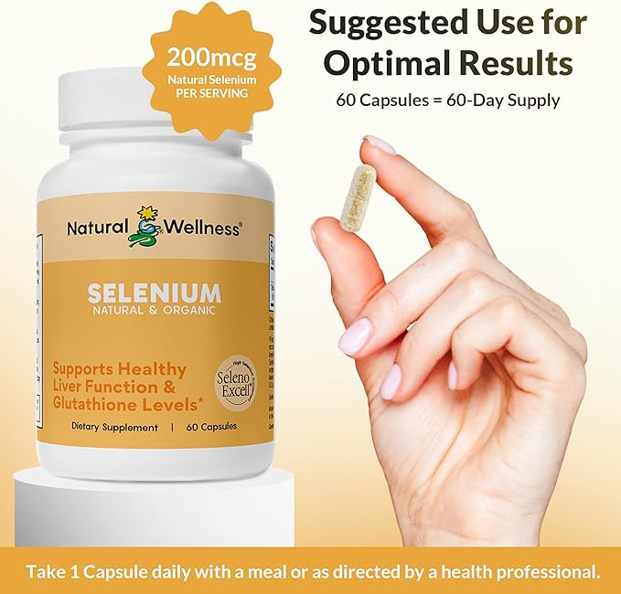Natural Wellness Organic Selenium 200 mcg – SelenoExcell for Antioxidant, Thyroid, and Metabolism Support – 60 Capsules, 60-Day Supply