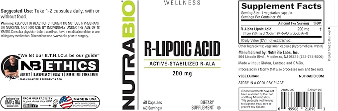NutraBio R-Lipoic Acid Supplement, 200mg –Active Stabilized R-ALA Supplement- Optimized Alpha Lipoic Acid Formula for Better Absorption to Support Health and Wellness- 60 Capsules