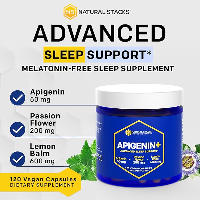NATURAL STACKS Apigenin Supplement for Sleep - 50mg Apigenin & 600mg Lemon Balm - Melatonin Free Sleep Aid - with Passion Flower Extract for Stress Relief - 120 Lemon Balm Capsules