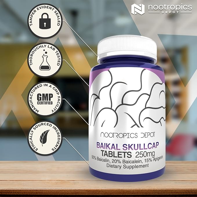 Nootropics Depot Baikal Skullcap Extract Tablets | 250mg | 60 Count | >15% Apigenin, >20% Baicalein, >50% Baicalin