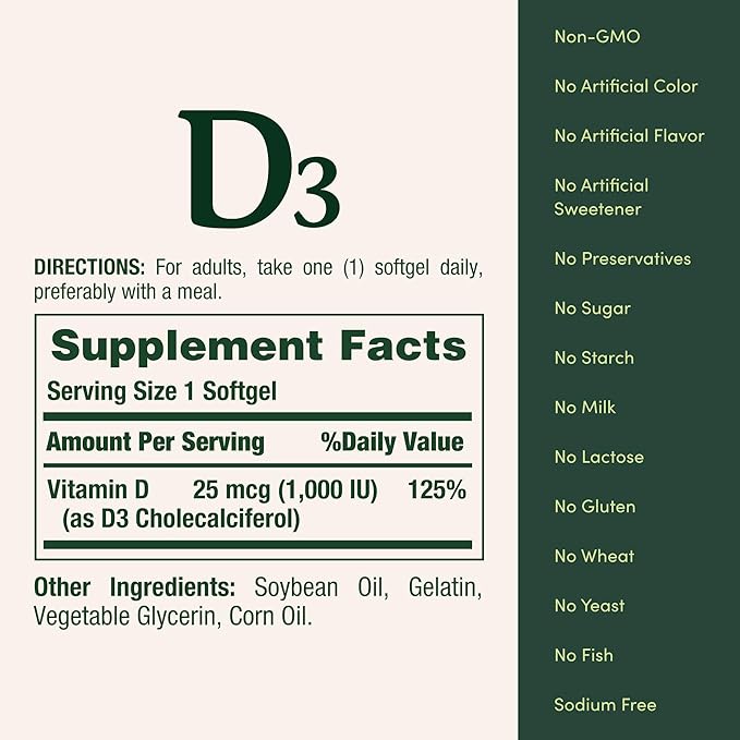 Nature's Bounty Vitamin D3 1000 IU, Immune Support, Helps Maintain Healthy Bones, 250 Rapid Release Softgels