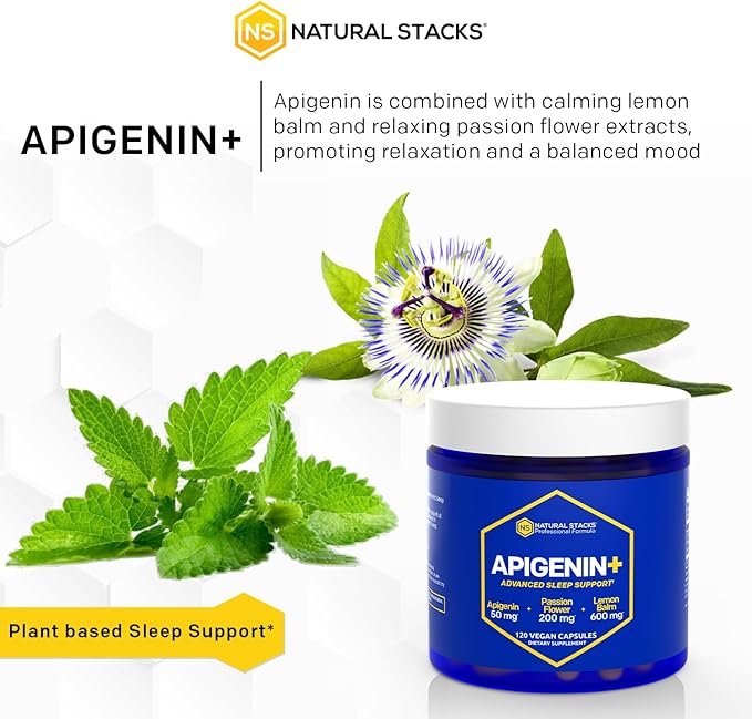 NATURAL STACKS Apigenin Supplement for Sleep - 50mg Apigenin & 600mg Lemon Balm - Melatonin Free Sleep Aid - with Passion Flower Extract for Stress Relief - 120 Lemon Balm Capsules