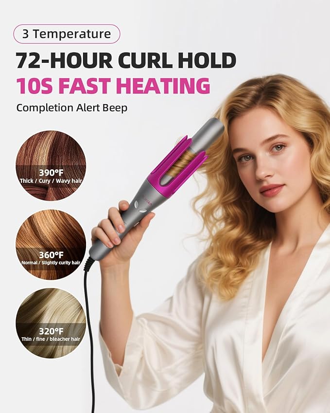 Automatic Rotating Curling Iron,1 1/4 Hair Curler with 3 Temperatures, 10S Fast Heating, 2-Way Rotation, 30 Min Auto Shut-Off, 500 Million Ionic, Anti-Scald-Tangle for Hair Styling