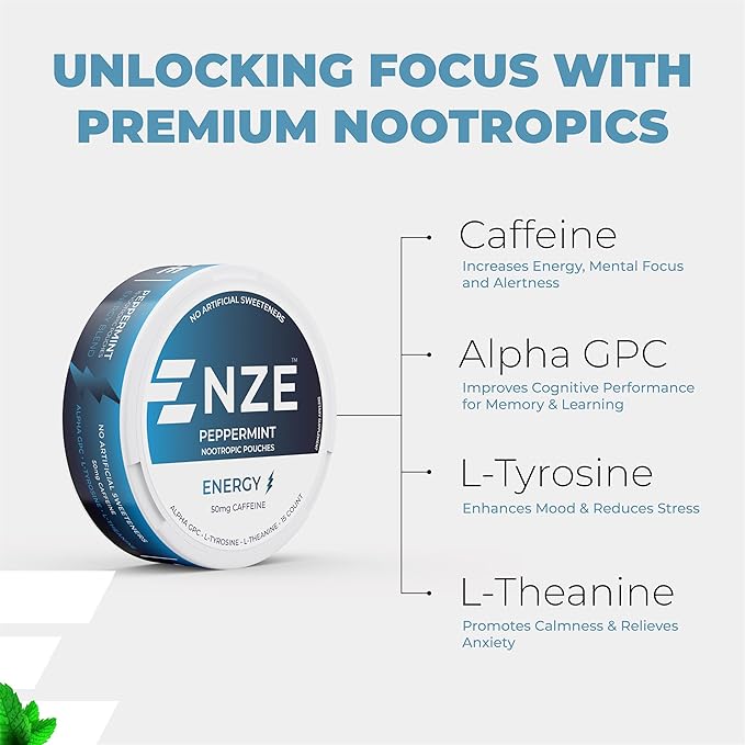 NZE Caffeine Nootropic Pouches (Variety Pack) - Energy Pouches with 50mg Caffeine, Alpha GPC, L-Tyrosine & L-Theanine with No Sugar or Artificial Sweeteners - 15 Nicotine Free Pouches Per Can - 5 Pack