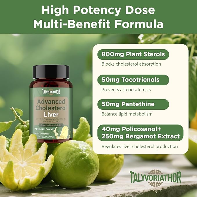 Advanced Cholesterol Lowering Supplements & for High Cholesterol | Liquid-Filled Capsules for Maximum Absorption | Plant Sterols, Policosanol, Bergamot Extract | Triple-Action Formula,180 Capsules