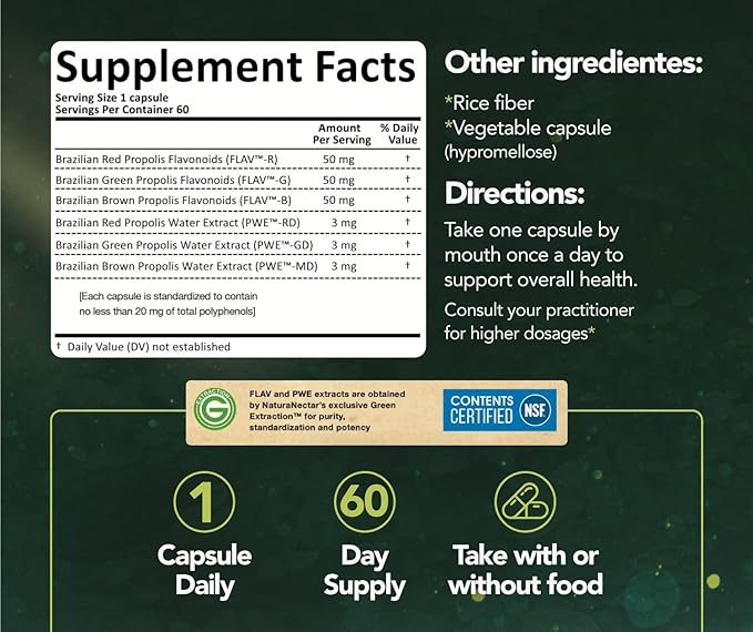 NaturaNectar - Ultimate Bee Propolis Capsules - NSF Contents Certified -Brazilian Red, Brown, & Green - Gluten-Free Supplement with Flavonoids - Naturally Sourced Through Ethical Beekeeping (60pcs.)