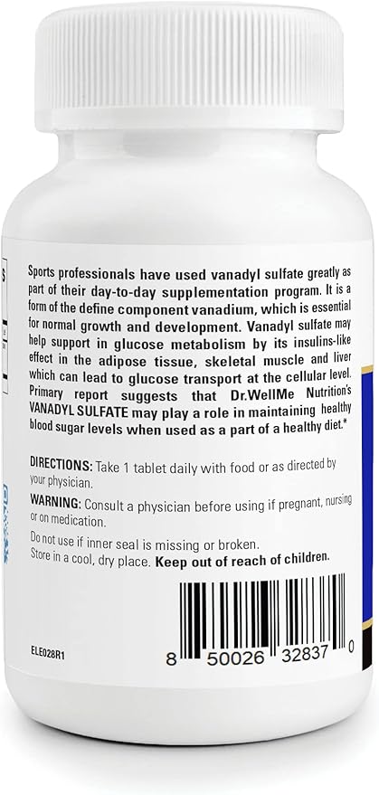 Dr. WellMe Vanadyl Sulfate 10mg – 100 Tablets Blood Sugar, Maintain Glucose & Metabolism – Non-GMO, Gluten-Free Supplement for Men & Women