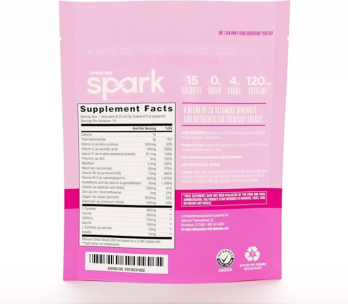 AdvoCare Spark Vitamin & Amino Acid Supplement - Focus & Energy Drink Powder Mix with Vitamin A, B-6, C & E - Also Includes L-Carnitine & L-Tyrosine - Pink Lemonade, 14 Stick Packs