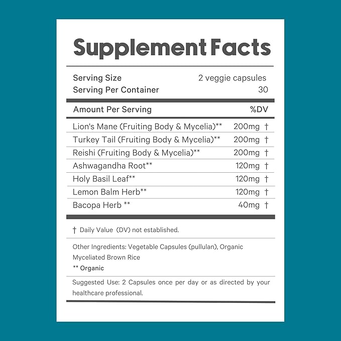 LyfeFuel Adaptogen Blend for Stress Relief - Whole Food Mushroom Supplement & Organic Herb Complex to Manage Cortisol | Lion’s Mane, TurkeyTail, Reishi, Ashwagandha | 60 Vegan Capsules