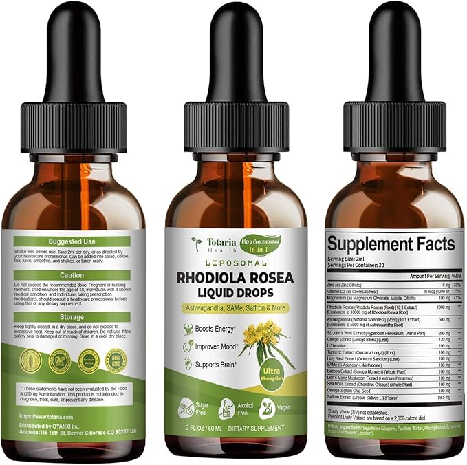 16-in-1 Liposomal Rhodiola Rosea Tincture, Ultra Strength Rhodiola Supplement w/Ashwagandha, Saffron, Magnesium, SAM-e, Rhodiola Rosea Extract Liquid Drops for Natural Relaxation, Mood, Energy