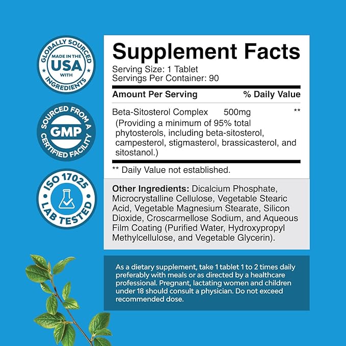 Natures Craft Plant Sterols Complex with Beta Sitosterol - 500mg Beta-Sitosterol Sterols and Stanols Supplement for Prostate Support - Prostate Health Supplement for Men - 90 Tablets
