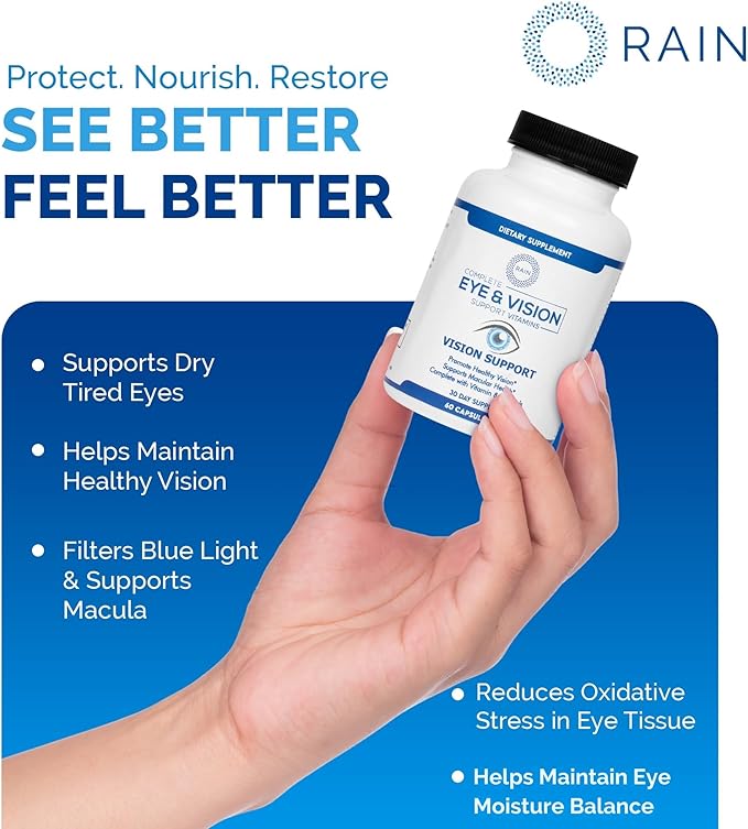 Rain Eye Vitamins & Vision Supplements for Adults – Eye Comfort and Vision Support – Lutein and Zeaxanthin Eye Supplements for Macular Health – 60 Veggie Capsules