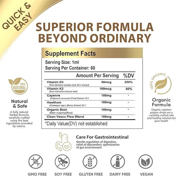 Cayenne Pepper Drops, Liquid Supplement with Cayenne Pepper, Hawthorn Berry, Vitamin D3 K2, Beet Root, Ceylon Cinnamon & Turmeric for Digestive & Immune Support, 2 oz