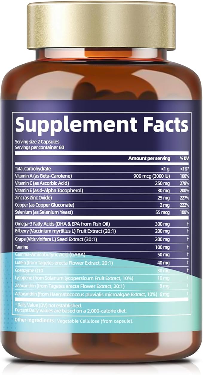 AREDS 2 Eye Vitamins and Mineral Bilberry Extract Omega-3, Eye Vitamin for Seniors Macular Health and Dry Eye, Eye Vitamins Lutein and Zeaxanthin Support Eye Strain & Hydration (2 Packs)