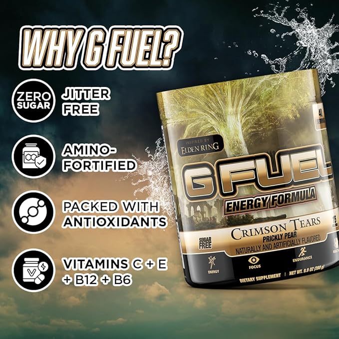 G Fuel Elden Ring Crimson Tears Energy Drink Powder, Pre Workout Caffeine Mix for Gaming, Sugar Free Focus Amino, Vitamin + Antioxidants, 9.9oz (Prickly Pear, 40 Servings)