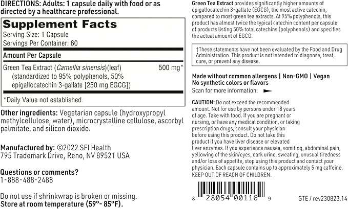 Klaire Labs SFI Health Green Tea Extract - 500 Milligrams Green Tea Leaf Extract, 95% Polyphenol Content 250 Milligrams EGCG (60 Vegetarian Capsules)
