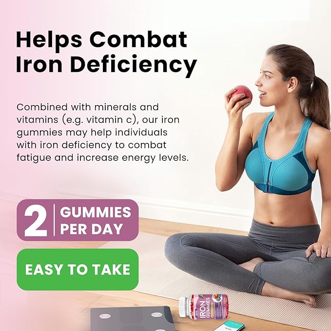 Iron Gummies with Multivitamin, Iron Supplement for Women & Men, Kids Multivitamin with Iron, Zinc, Vitamin B Complex & C, B12, Folate - Blood Builder, Energy Support, Peach Flavor, Vegan 120 Gummies