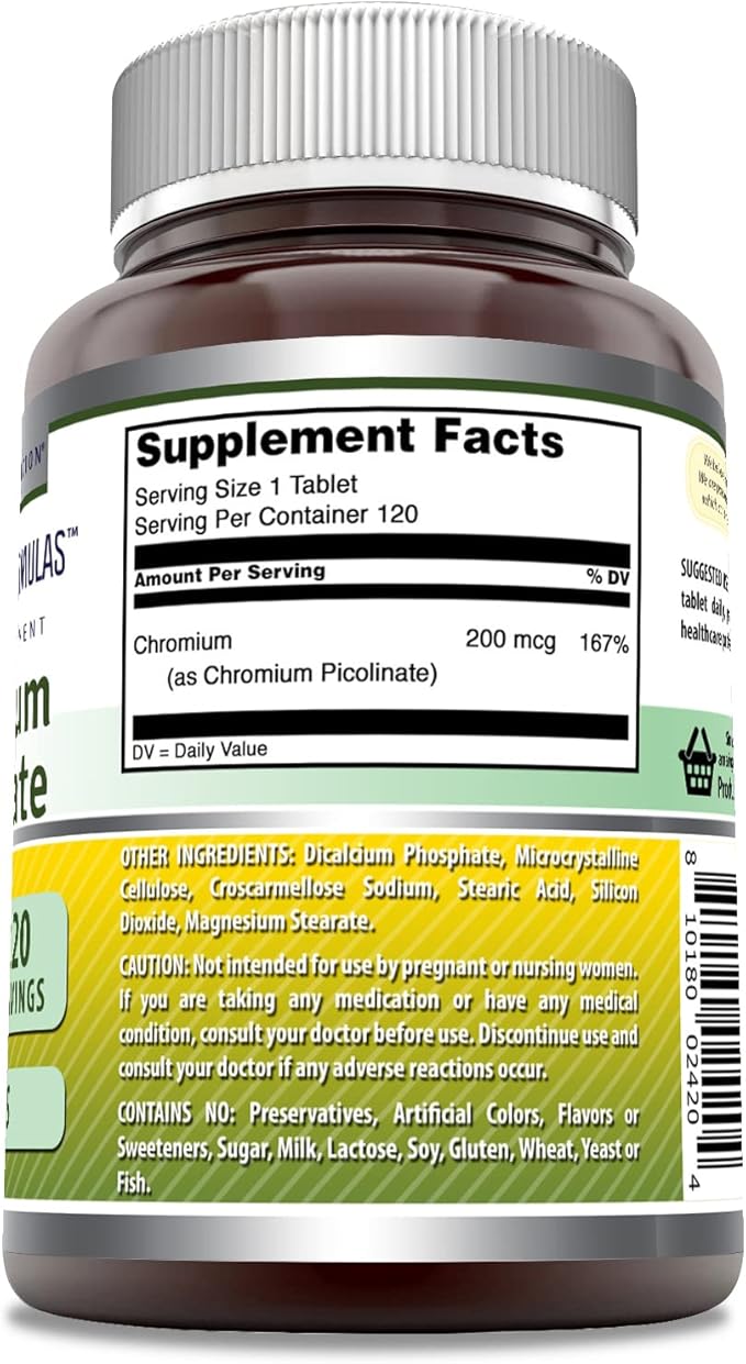 Amazing Formulas Chromium Picolinate Supplement | 200 Mcg Per Serving | Tablets | Non-GMO | Gluten Free | Made in USA (120 Count)