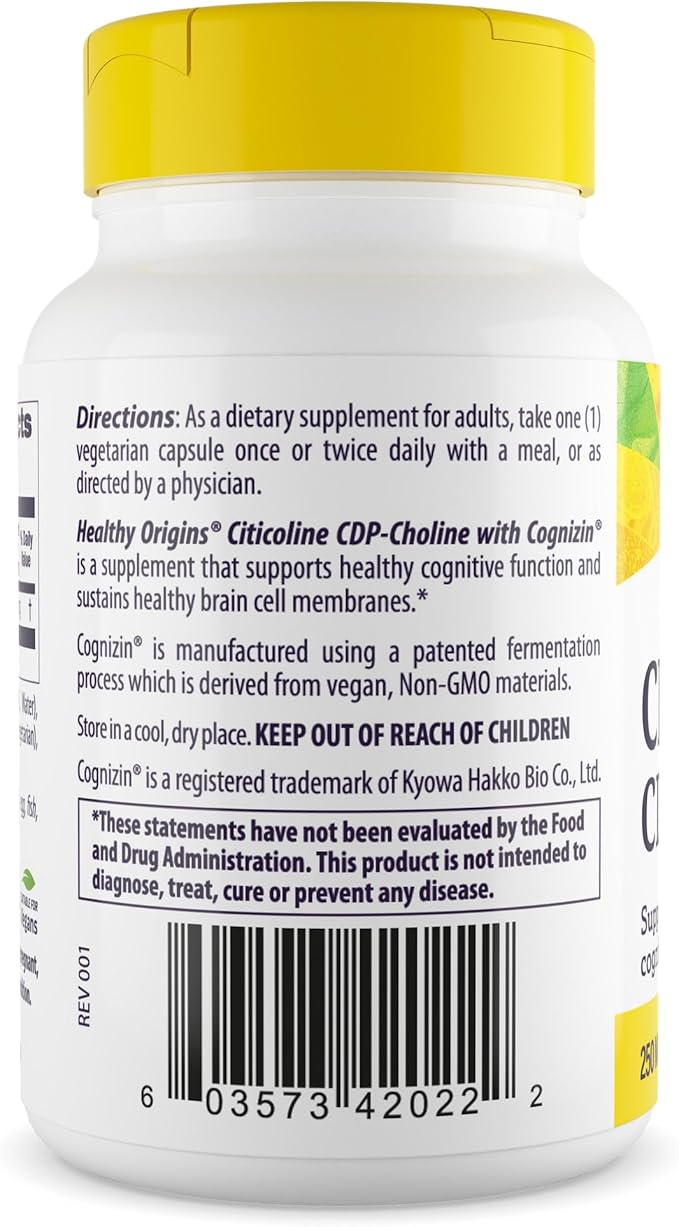 Healthy Origins Cognizin (Citicoline), 250 mg - Brain Supplement for Memory with Citicoline CDP Choline - Non-GMO, Vegan & Gluten-Free Supplement - 30 Veggie Capsules