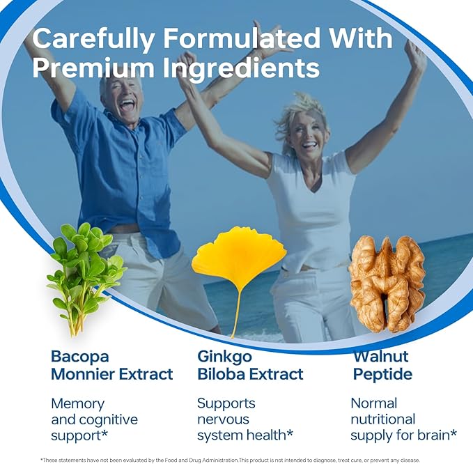 HUJ Brain Health - Brain Supplements for Memory and Focus - Brain & Nervous System Health Support with Bacopa, Phosphatidylserine, Ginkgo Biloba, Rosemary, Walnut Peptide, Nervonic Acid - 60 Capsules