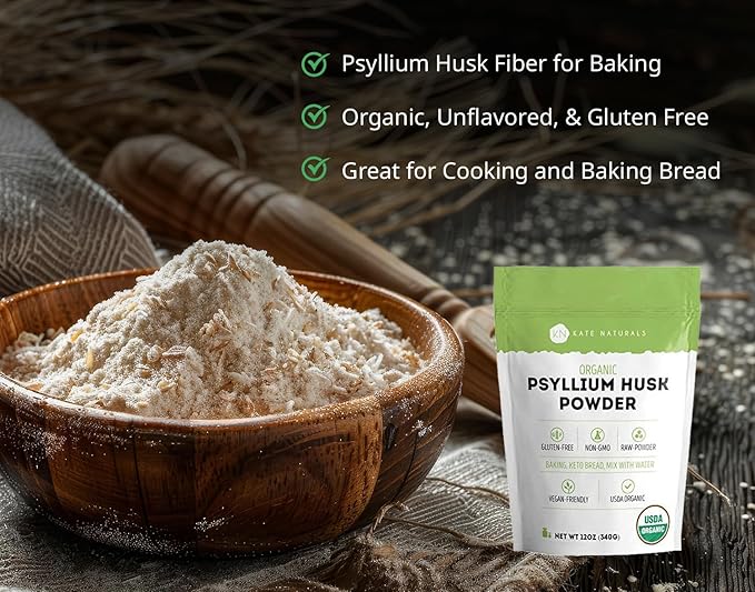 Kate Naturals Psyllium Husk Powder for Baking, Fiber & Digestion. Psyllium Seed Powder for Dogs & Cats (12oz, Organic, Gluten Free, Pet Safe)
