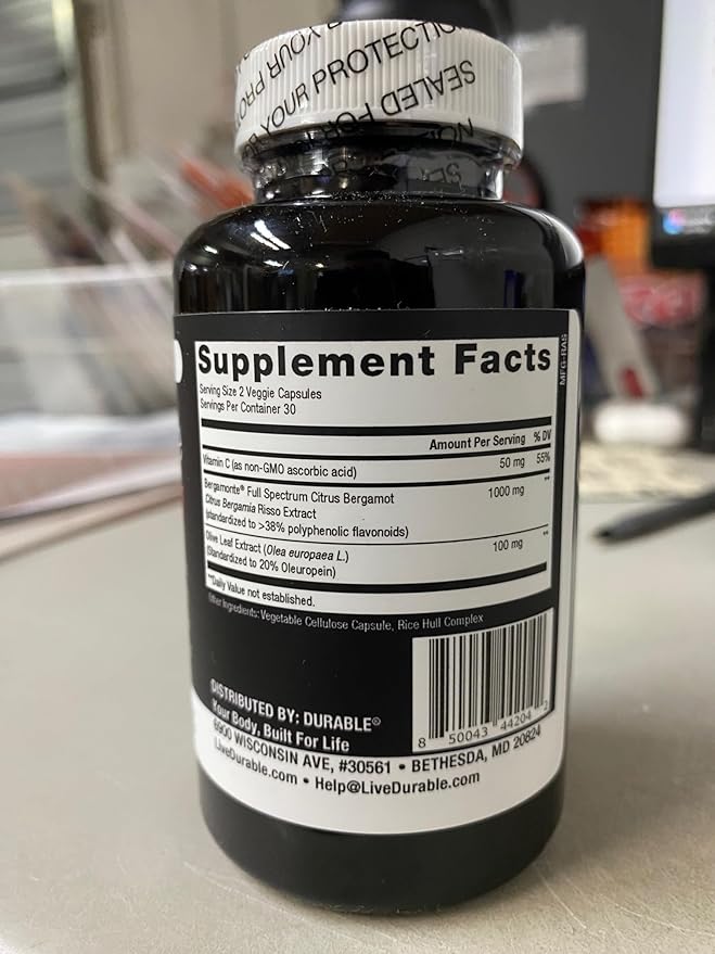 Durable Heart ā Bergamonte Citrus Bergamot 1,000 mg + Olive Leaf Extract + Vitamin C - Heart Health Supplement for Healthy Cholesterol - Doctor Formulated, Vegan, Non-GMO, Made in USA (60 Capsules)