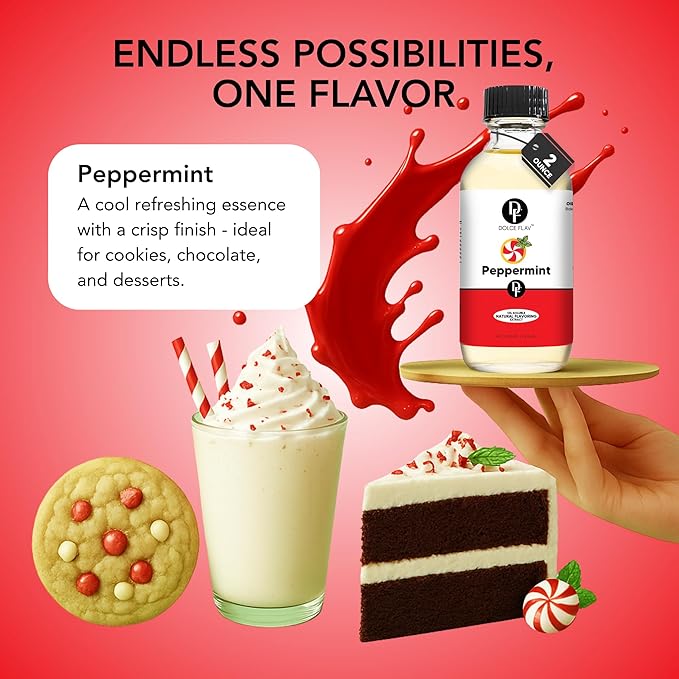 Dolce Flav Natural Peppermint Extract – 2 Ounce Oil-Soluble Kosher, Sugar-Free, Concentrated Pure Mint Flavor for Hard Candy, Chocolates & Baking, Includes Measured Dropper
