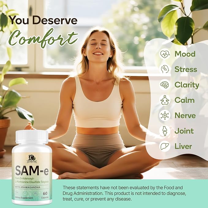 SAM-e Supplement – Capsule Complex with Ashwagandha Extract, L-Theanine, Rhodiola, St. John’s Wort, Omega-3 Fatty Acids, Magnesium, B Vitamins & D3, 120 Capsules