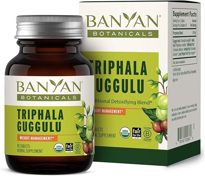 Banyan Botanicals Triphala Guggulu – Organic Triphala Supplement with Guggulu Resin – Herbal Detox Supplement for Supporting Healthy Digestion* – 90 Tablets – Non-GMO Sustainably Sourced Vegan