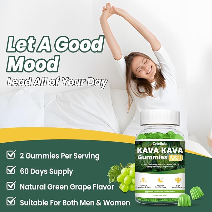 2 Pack Kava Kava Gummies, Kava Kava Root Extract Supplement with Kavalactones, Calm Gummies for Stress Relief & Better Sleep, Kava Supplement for Women & Men, Sugar Free, Vegan, Non-GMO, 120 count