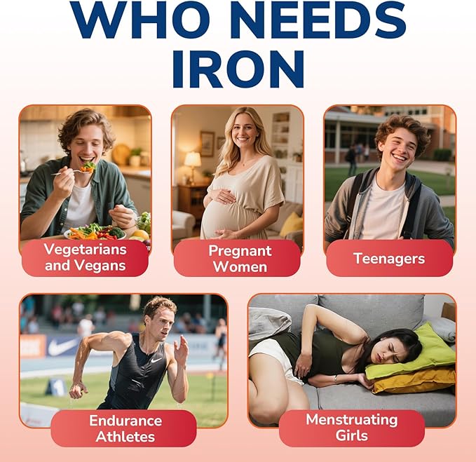 Iron Supplement for Women and Men, Iron Bisglycinate, 65mg Elemental Iron, Non-Constipating, Plus Blood Builder Vitamins C B6 B12 Folate & Beet Root, Energy Support, Blood Health, 60 Caps